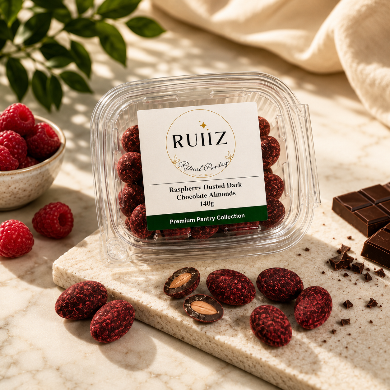Raspberry Dusted Dark Chocolate Almonds
