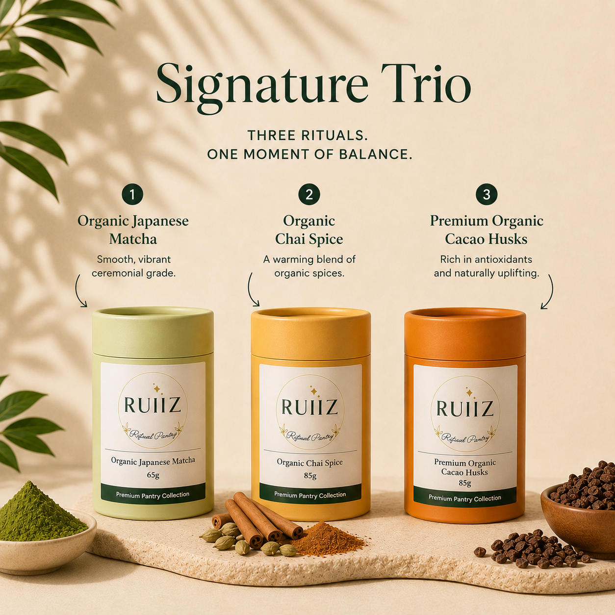 Signature Trio Bundle | Organic Matcha, Chai & Cacao Husks
