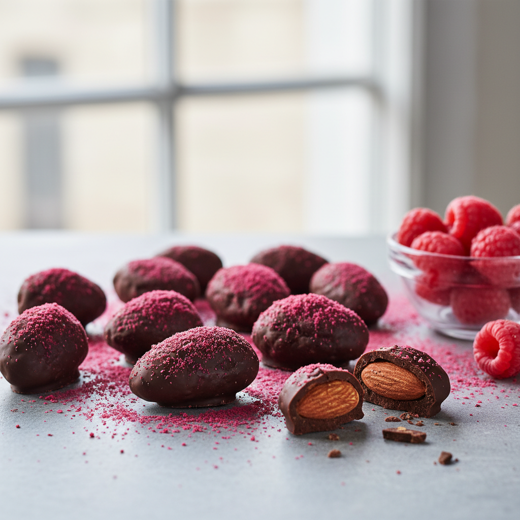 Raspberry Dusted Dark Chocolate Almonds 130g